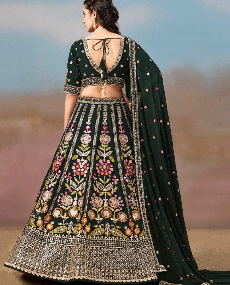 6008-GREEN - Stunning Green Thread Work Georgette Engagement Wear Lehenga With Blouse